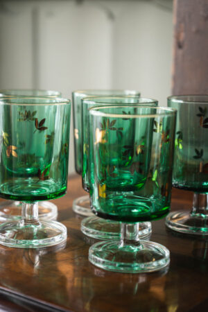 Set da 6 bicchieri anni ‘70 in vetro verde con foglie dorate - immagine 2